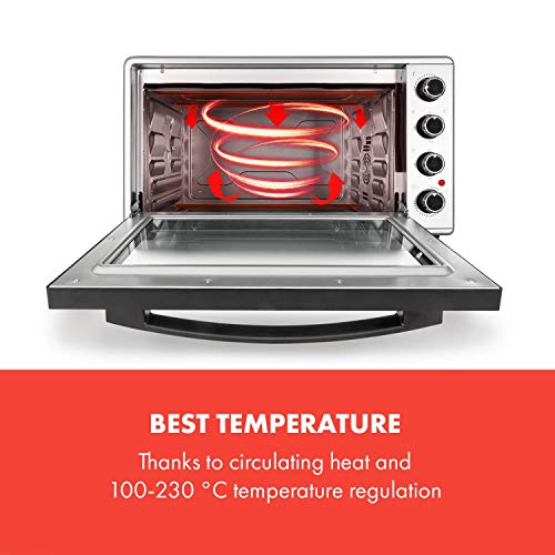 KLARSTEIN Masterchef 45 Mini Horno - 45 litros, 2000 W, temperatura: 100-230 °C, asador giratorio, función de circulación de aire, temporizador, puerta de doble cristal, acero inoxidable, plata