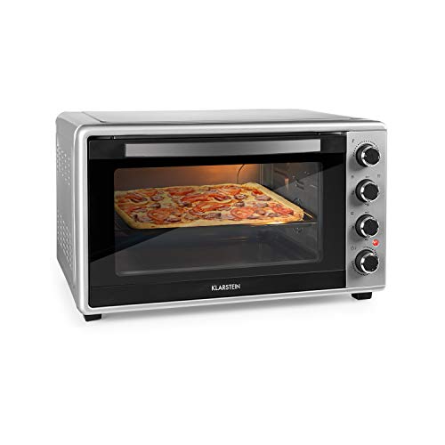 KLARSTEIN Masterchef 45 Mini Horno - 45 litros, 2000 W, temperatura: 100-230 °C, asador giratorio, función de circulación de aire, temporizador, puerta de doble cristal, acero inoxidable, plata