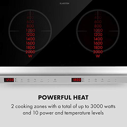 Klarstein MisterCook Duo placa de cocina infrarrojo - 2 zonas de cocción, 3000 W, 10 niveles de potencia y temperatira, 90-650 °C, Programable, Control táctil, No se recalienta, Plateado