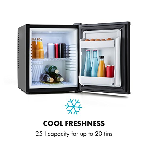 Klarstein MKS-11 - Minibar, Nevera, Frigo para Bebidas, B, 25 litros, Operación silenciosa, 0 dB, Dimensiones 38 x 47 x 44,5 cm, 1 Estante, 2 Compartimientos Laterales, 3 Niveles, Negro