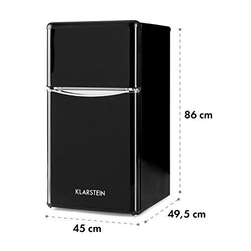 KLARSTEIN Monroe Black - Nevera con congelador, Retro, refrigerador de 61 l, congelador de 24 l, 2 estantes de Vidrio, 2 estantes en Las Puertas, 5 Niveles de enfriamiento, 40 dB, Negro