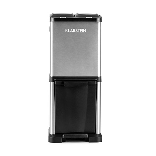 KLARSTEIN Ökosystem² - Cubo de Basura de Reciclaje, Capacidad Total 30 litros, 2 contenedores x 7,5L, 1 contenedor x 15L, Carcasa de Acero Inoxidable, Mecanismo Pedal