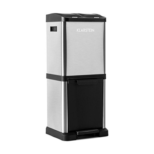 KLARSTEIN Ökosystem² - Cubo de Basura de Reciclaje, Capacidad Total 30 litros, 2 contenedores x 7,5L, 1 contenedor x 15L, Carcasa de Acero Inoxidable, Mecanismo Pedal