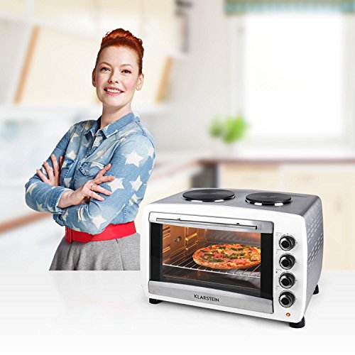 Klarstein Omnichef horno-grill eléctrico mini con placas de cocción (2.000 W, 45 Litros, multifunción, grill giratorio, 2 placas de cocción, función convección, 4 niveles, acero inoxidable) - blanco