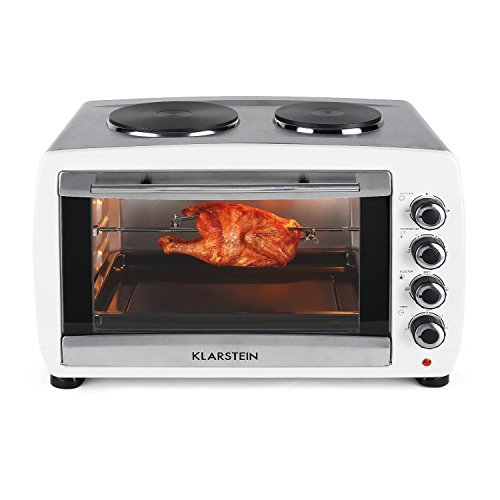 Klarstein Omnichef horno-grill eléctrico mini con placas de cocción (2.000 W, 45 Litros, multifunción, grill giratorio, 2 placas de cocción, función convección, 4 niveles, acero inoxidable) - blanco