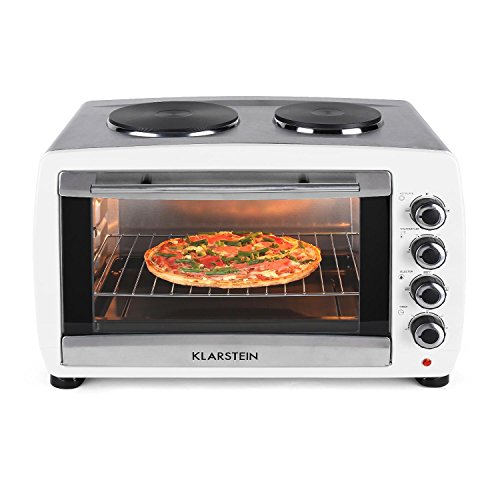 Klarstein Omnichef horno-grill eléctrico mini con placas de cocción (2.000 W, 45 Litros, multifunción, grill giratorio, 2 placas de cocción, función convección, 4 niveles, acero inoxidable) - blanco