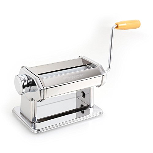 KLARSTEIN Pasta Maker máquina para Pasta (Acero Inoxidable, Rodillo amasador, fácil de Limpiar, Cuchilla Ajustable, manivela, Masa de 150 mm, Pinza de sujeción Mesa) - Plateado