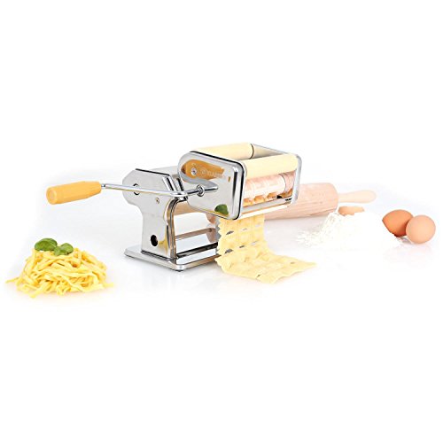 KLARSTEIN Pasta Maker máquina para Pasta (Acero Inoxidable, Rodillo amasador, fácil de Limpiar, Cuchilla Ajustable, manivela, Masa de 150 mm, Pinza de sujeción Mesa) - Plateado