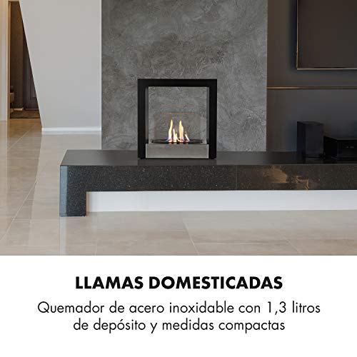 Klarstein Phantasma Cube Chimenea - Quemador de Bio etanol de Acero sin Humos ni olores, Depósito de 1,3 litros, Duración de 4 Horas, Asistente de Apagado, Acero Inoxidable y Vidrio, Negro