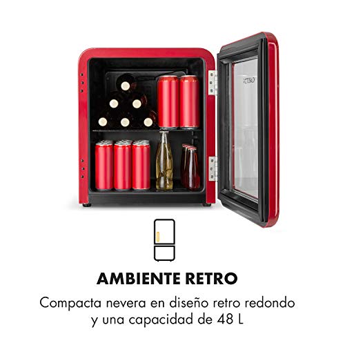 Klarstein Poplife Nevera de Bebidas - Mini Bar, Nevera Retro, 0-10°C, Solo 39 dB, Protege el Medio Ambiente, Puerta con Cristal Doble, Diseño Retro, Rojo