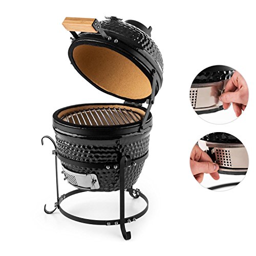 Klarstein Princesize Parrilla Kamado - Barbacoa Japonesa, Ahumador, Horno cerámico 11", Asador, Baja Temperatura carbón, Ideal Madera aromática, BBQ slowcooking, Negro