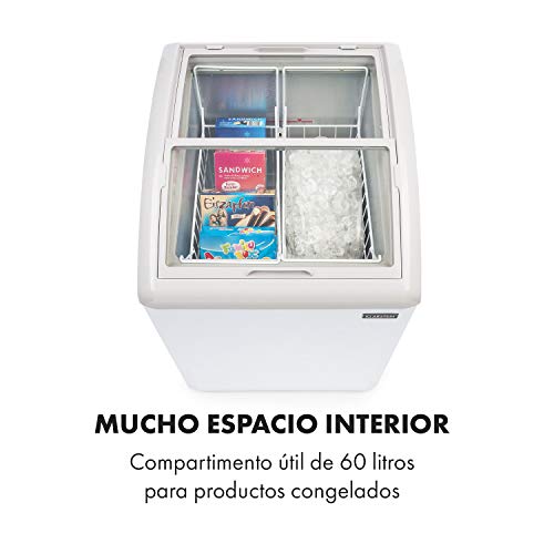 Klarstein Pro Eispalast, 100 litros, congelador con tapa corrediza de vidrio, catering, comercial, snack, pequeño, 60 x 91 x 67 cm, congelador, puerta corrediza de vidrio, 2 cestas colgantes, blanco