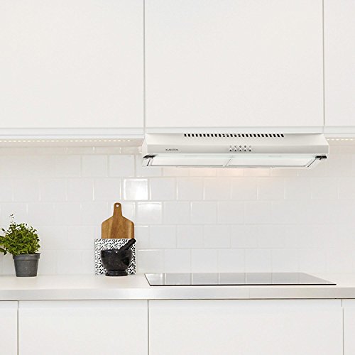 Klarstein Purista Campana extractora - Extractor bajo de 60 cm, Montaje en pared, Pantalla de vidrio plegable transparente, Iluminación halógena, Caudal: 186 m³/h, Acero inoxidable, Plateado