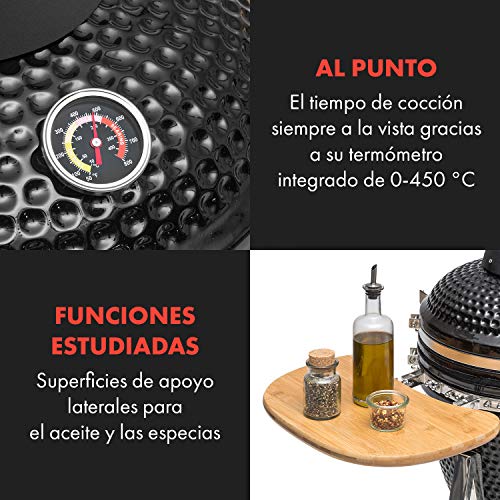 KLARSTEIN Queensize Kamado Barbacoa - para Asar, cocinar a Fuego Lento, ahumar u Hornear, Laterales extraíbles, Materiales: cerámica, Acero Inoxidable y bambú, 0-450 °C, 3 Ruedas, Negro