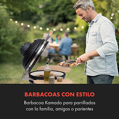 KLARSTEIN Queensize Kamado Barbacoa - para Asar, cocinar a Fuego Lento, ahumar u Hornear, Laterales extraíbles, Materiales: cerámica, Acero Inoxidable y bambú, 0-450 °C, 3 Ruedas, Negro