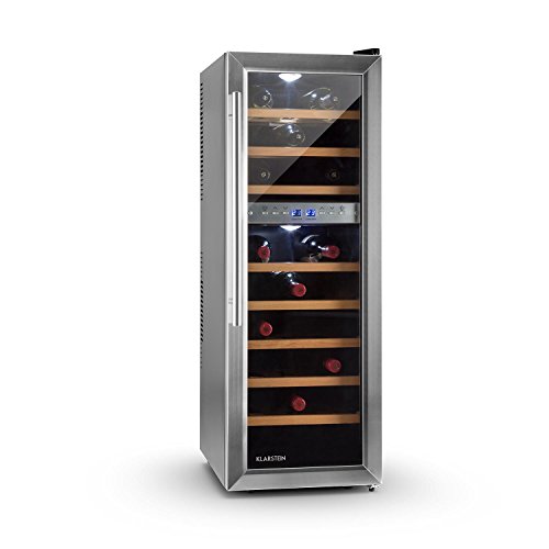 Klarstein Reserva 27D - Nevera para vinos, Nevera para bebidas, 27 Botellas, 2 Zonas, 8 Baldas de madera, Iluminación LED, Módulo independiente, Silencioso, Pantalla LCD, Negro-plateado