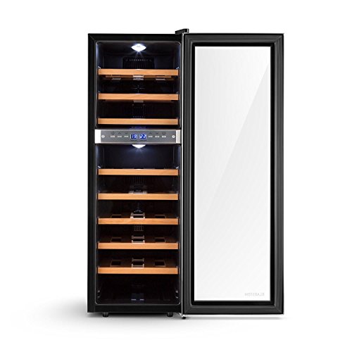 Klarstein Reserva 27D - Nevera para vinos, Nevera para bebidas, 27 Botellas, 2 Zonas, 8 Baldas de madera, Iluminación LED, Módulo independiente, Silencioso, Pantalla LCD, Negro-plateado