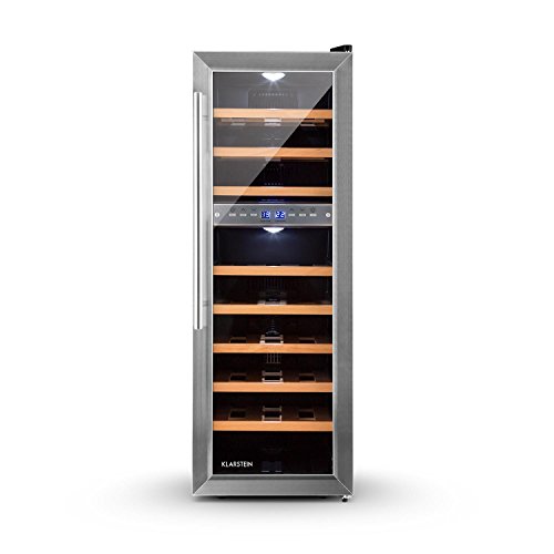 Klarstein Reserva 27D - Nevera para vinos, Nevera para bebidas, 27 Botellas, 2 Zonas, 8 Baldas de madera, Iluminación LED, Módulo independiente, Silencioso, Pantalla LCD, Negro-plateado