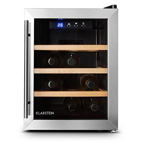 Klarstein Reserva Doce - Mini nevera para 9 Botellas, Nevera para vinos, Capacidad 33 Litros, Eficiencia energética clase A, Estantes de madera, Extra silenciosa, Luz LED interior, Negro-plata