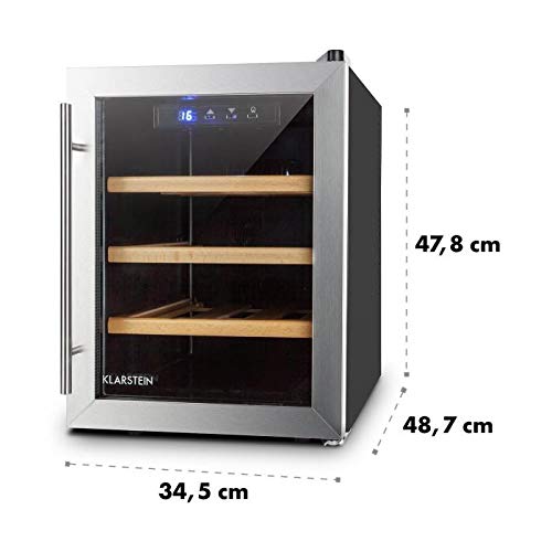 Klarstein Reserva Doce - Mini nevera para 9 Botellas, Nevera para vinos, Capacidad 33 Litros, Eficiencia energética clase A, Estantes de madera, Extra silenciosa, Luz LED interior, Negro-plata