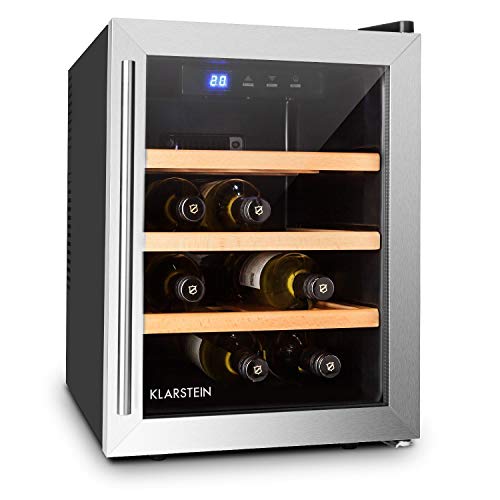 Klarstein Reserva Doce - Mini nevera para 9 Botellas, Nevera para vinos, Capacidad 33 Litros, Eficiencia energética clase A, Estantes de madera, Extra silenciosa, Luz LED interior, Negro-plata