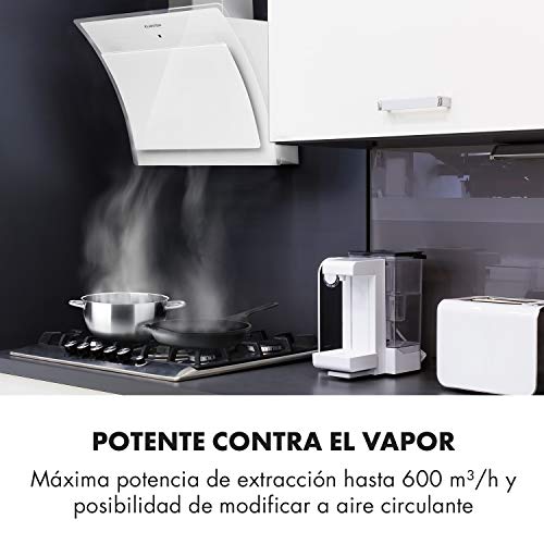 KLARSTEIN Sabia 60 - Campana extractora Inclinada, Extractor de Humos de Pared, Vidrio de Seguridad, Absorción y circulación de Aire, 3 Niveles, 600 m³/h, Iluminación LED, 60 cm de Ancho, Blanco