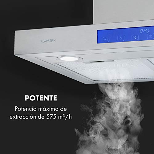 Klarstein Sabrina - extractor de humos, campana extractora de pared, clase A, extracción y ventilación, 575 m³/h, 3 intensidades, pantalla LCD, filtro de grasa, panel táctil, 60 cm, plateado