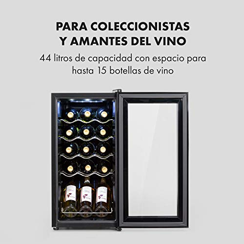 Klarstein Shiraz Slim Uno - Nevera para vinos, Eficiencia energética de clase A, 5-18 °C, 42 dB, Panel táctil, Iluminación LED, Altura regulable, 4 baldas, 44 litros, Para 15 botellas de vino, Negro