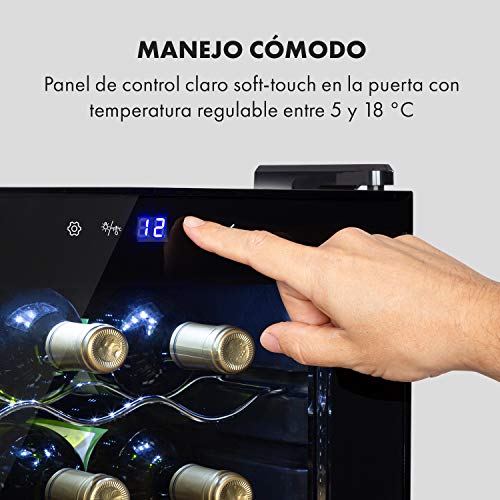 Klarstein Shiraz Slim Uno - Nevera para vinos, Eficiencia energética de clase A, 5-18 °C, 42 dB, Panel táctil, Iluminación LED, Altura regulable, 4 baldas, 44 litros, Para 15 botellas de vino, Negro