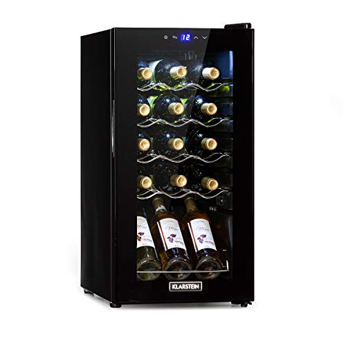 Klarstein Shiraz Slim Uno - Nevera para vinos, Eficiencia energética de clase A, 5-18 °C, 42 dB, Panel táctil, Iluminación LED, Altura regulable, 4 baldas, 44 litros, Para 15 botellas de vino, Negro