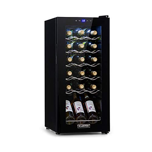 Klarstein Shiraz Slim Uno - Nevera para vinos, Eficiencia energética de clase A, 5-18 °C, 42 dB, Panel táctil, Iluminación LED, Altura regulable, 5 baldas, 50 litros, Para 18 botellas de vino, Negro