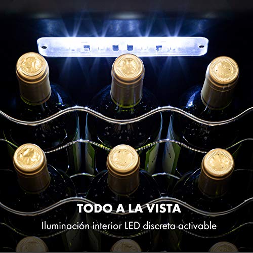 Klarstein Shiraz Slim Uno - Nevera para vinos, Eficiencia energética de clase A, 5-18 °C, 42 dB, Panel táctil, Iluminación LED, Altura regulable, 5 baldas, 50 litros, Para 18 botellas de vino, Negro