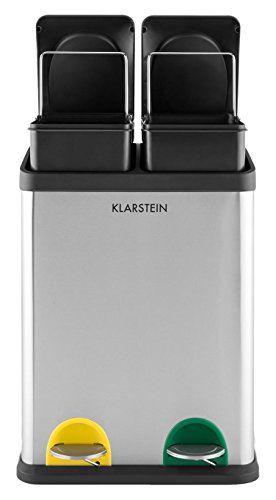 Klarstein Sistema Ecologico, Cubo de Basura para Reciclaje con Pedales, 2 Recipientes Extraíbles, 36 L, Identificación por Colores, Acero Inoxidable, Separación Ecológica de Residuos