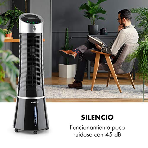 Klarstein Skyscraper Ice - Enfriador de Aire 3 en 1, Climatizador evaporativo, 30W, 210m³/h, Ventilador, Humidificador, 3 velocidades, Modos: Normal, Natural y Nocturno, Mando a Distancia, Negro