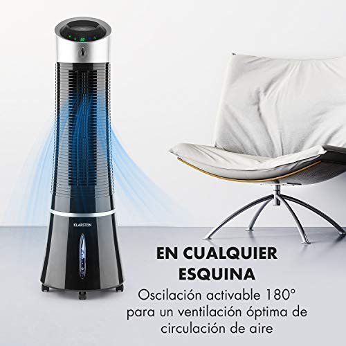 Klarstein Skyscraper Ice - Enfriador de Aire 3 en 1, Climatizador evaporativo, 30W, 210m³/h, Ventilador, Humidificador, 3 velocidades, Modos: Normal, Natural y Nocturno, Mando a Distancia, Negro