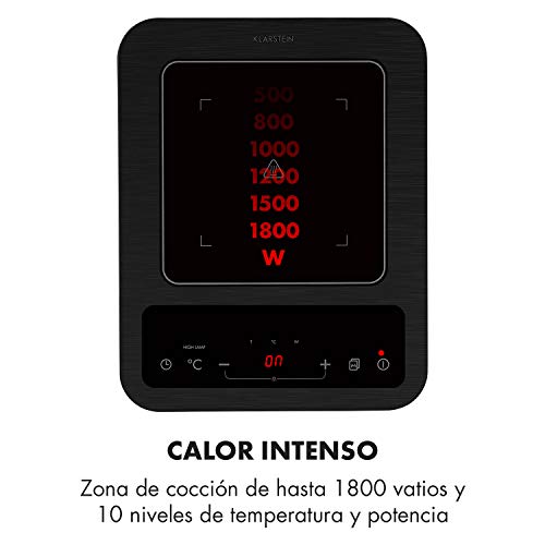 Klarstein SlimChef placa de cocina - Cocina de inducción, 1800 W, 10 niveles de potencia y de temperatura, Pantalla LED, Autoapagado, Vitrocerámica, Seguro para niños, No quema, Negro