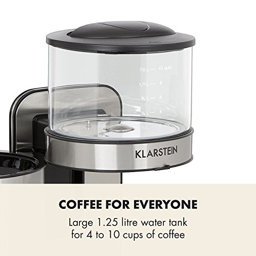 KLARSTEIN Soulmate Cafetera con filtro de goteo - 1800W, 1,25L, Base de acero inoxidable, Percolación, Diseño de cristal, Café filtrado caliente, Deposito extraíble, Limpieza sencilla