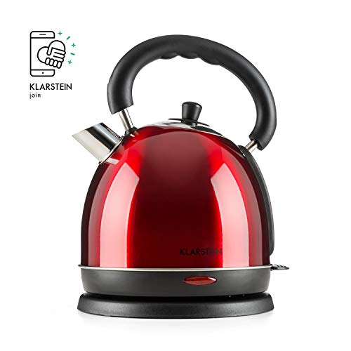 Klarstein Teatime Hervidor de agua - Inalámbrico, Tetera eléctrica, Diseño tetera retro, Acero inoxidable, 1,8 L, 1850-2200 W, Filtro antical lavable, Rojo