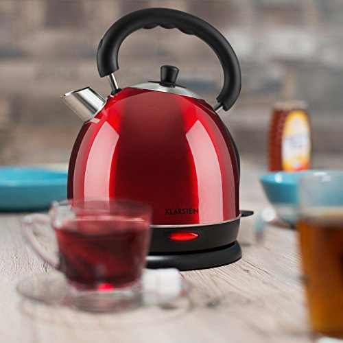 Klarstein Teatime Hervidor de agua - Inalámbrico, Tetera eléctrica, Diseño tetera retro, Acero inoxidable, 1,8 L, 1850-2200 W, Filtro antical lavable, Rojo