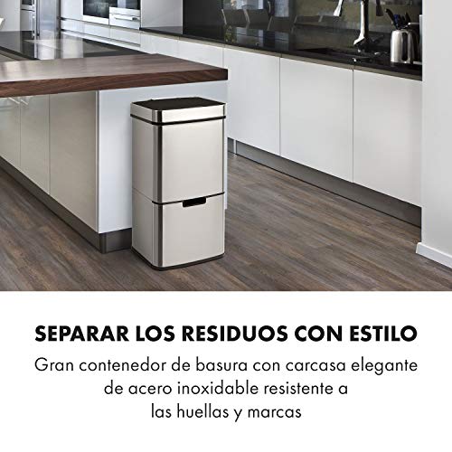 Klarstein Touchless – cubo de la basura de acero inoxidable con sensor, 72 litros con 4 compartimentos: 43 y 2 x 12,5 litros, cubo bio con tapa: 4 litros, apertura y cierre automáticos, plateado