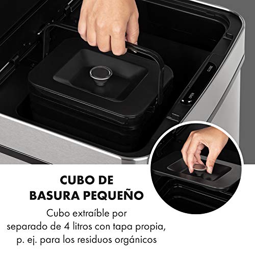 Klarstein Touchless – cubo de la basura de acero inoxidable con sensor, 72 litros con 4 compartimentos: 43 y 2 x 12,5 litros, cubo bio con tapa: 4 litros, apertura y cierre automáticos, plateado