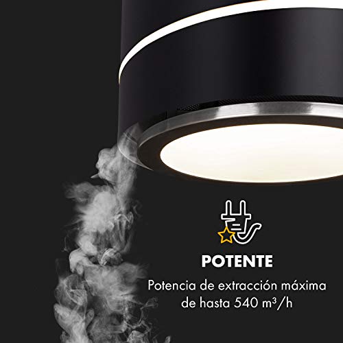 Klarstein Tron Ambience - Campana extractora, Extractor de humos tipo isla, Ø 38cm, Potencia de 165 W, Ventilación máxima de 540m³/h, 3 niveles de potencia, Iluminación LED, Acero, Grafito