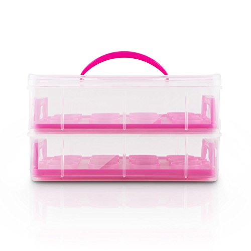 Klarstein USS Pink Cookie Recipiente para Transportar Dulces (2 Pisos almacen Alimentos, 2 bandejas extraibles, Capacidad 24 Cup Cakes, Adecuado Transporte reposteria, Cierres en Clip, asa, Rosa)