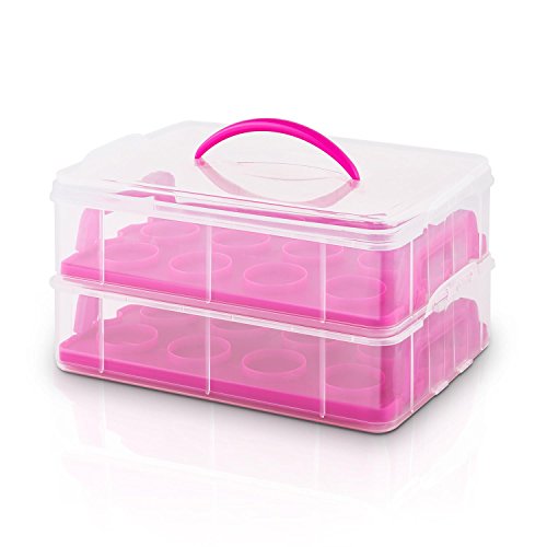 Klarstein USS Pink Cookie Recipiente para Transportar Dulces (2 Pisos almacen Alimentos, 2 bandejas extraibles, Capacidad 24 Cup Cakes, Adecuado Transporte reposteria, Cierres en Clip, asa, Rosa)