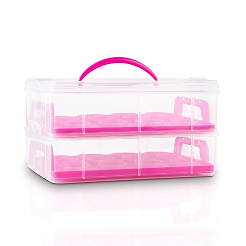 Klarstein USS Pink Cookie Recipiente para Transportar Dulces (2 Pisos almacen Alimentos, 2 bandejas extraibles, Capacidad 24 Cup Cakes, Adecuado Transporte reposteria, Cierres en Clip, asa, Rosa)