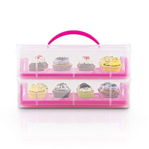 Klarstein USS Pink Cookie Recipiente para Transportar Dulces (2 Pisos almacen Alimentos, 2 bandejas extraibles, Capacidad 24 Cup Cakes, Adecuado Transporte reposteria, Cierres en Clip, asa, Rosa)