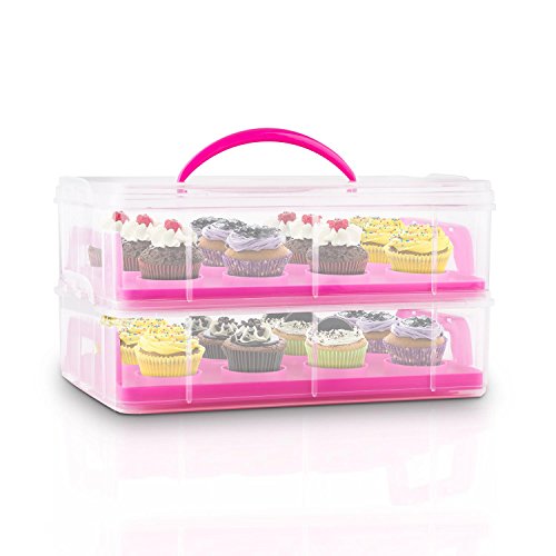 Klarstein USS Pink Cookie Recipiente para Transportar Dulces (2 Pisos almacen Alimentos, 2 bandejas extraibles, Capacidad 24 Cup Cakes, Adecuado Transporte reposteria, Cierres en Clip, asa, Rosa)