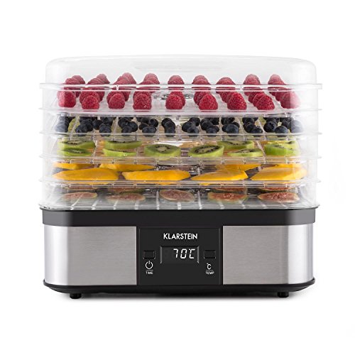 Klarstein Valle di Frutta - Deshidratadora, Desecadora, Secadora de Frutas, 5 Pisos, 250 W, Temperatura Regulable, Temporizador, Pantalla LCD, Panel de 2 Botones, Bandeja Fina, Plateado