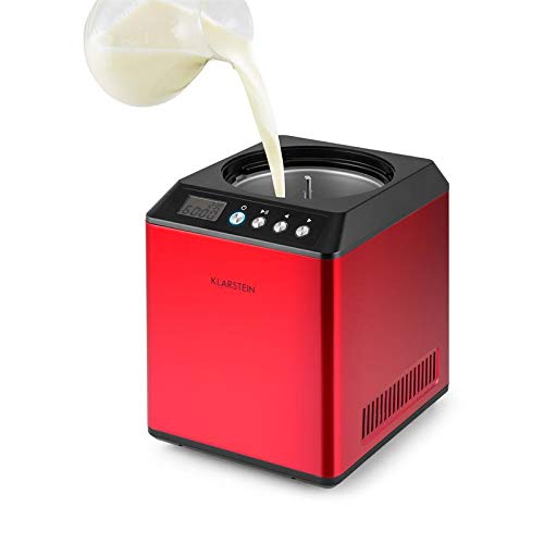 Klarstein Vanilla Sky Red Edition - Heladera, Máquina para hacer helados, Compresor 180W, Recipiente de 2L, Helado en 30-40 minutos, Acero inoxidable, Modo refrigerador, Display LED, Rojo