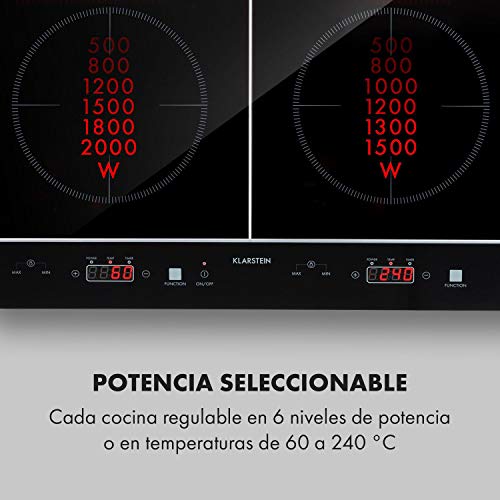 Klarstein VariCook Neo Doble placa de cocina de inducción - Cocina portátil, Vitrocerámica, 3500 W, Tecnología SenseControl, Sensor de ollas, Programable, No recalienta, Negro